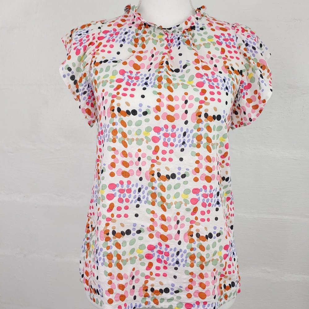 THML White and Pink Ruffled Blouse with Mandarin Collar - Small